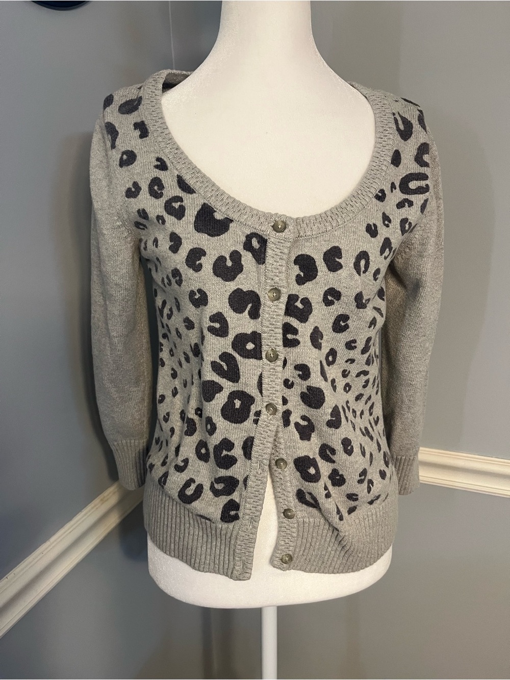 Grey Leopard Print Button-Front Cardigan